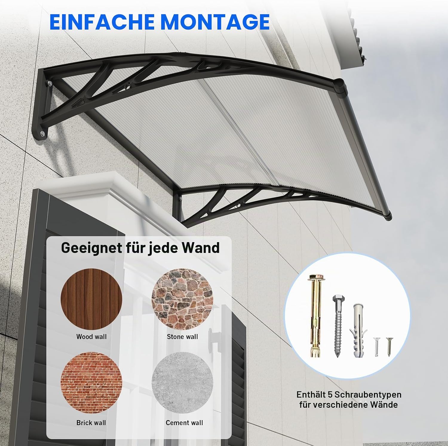 Detalle de Vordach für Haustür 120x100 cm aus Polycarbonat – robustes Pultvordach mit Wasserdichtem Dichtungssystem