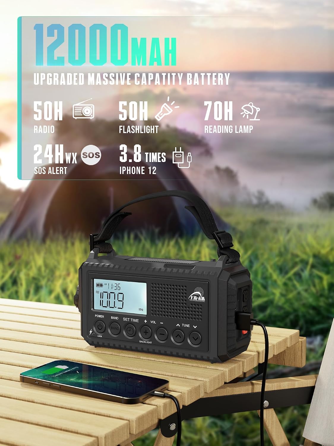 Detalle de ROCAM 1009UItra Emergency Radio, 12,000 mAh Power Bank, Solar & Crank