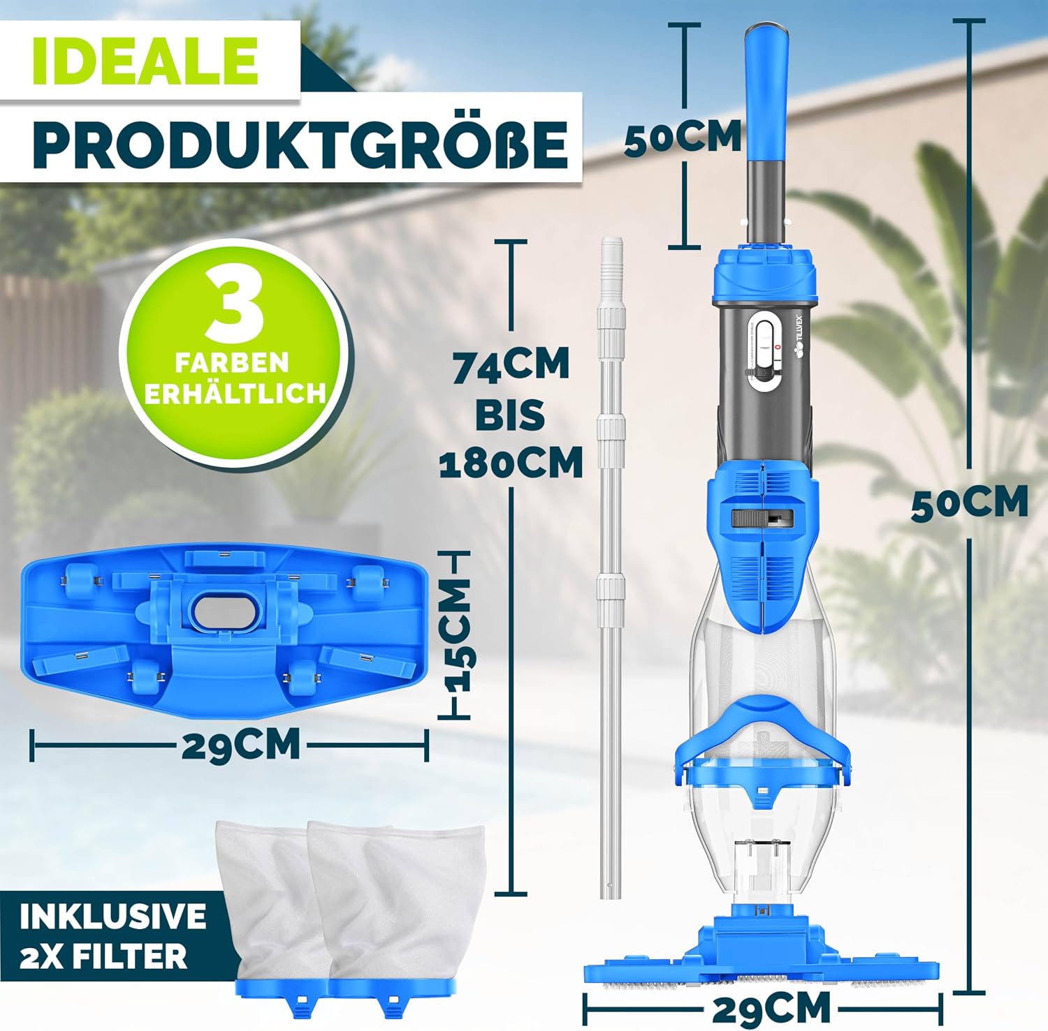 Detalle 2 de tillvex TVHPSG zwembadstofzuiger, draadloos, tot 60 minuten en 15 m³