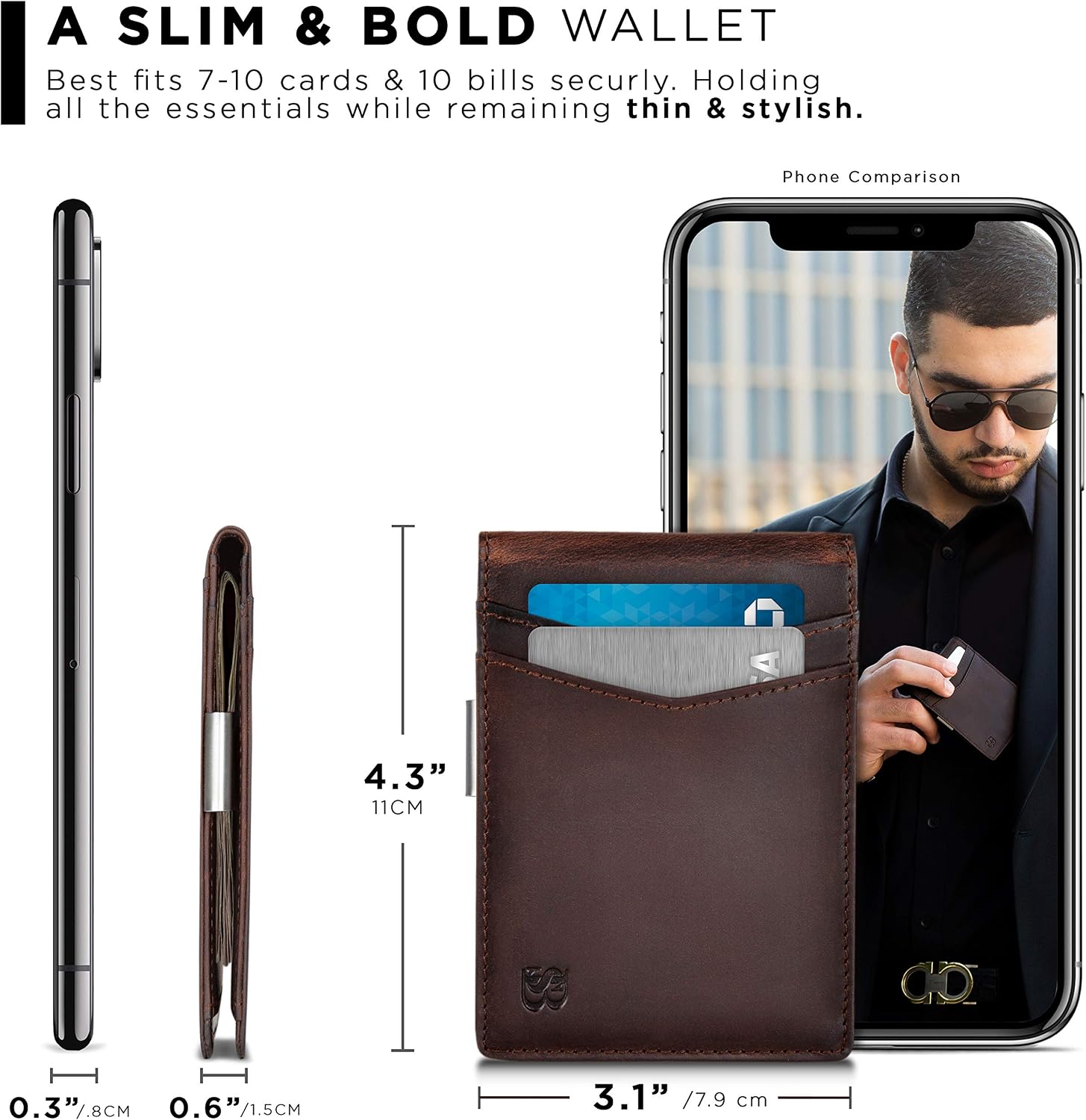 Detalle de SERMAN BRANDS Money Clip Wallet, Full-Grain Leather