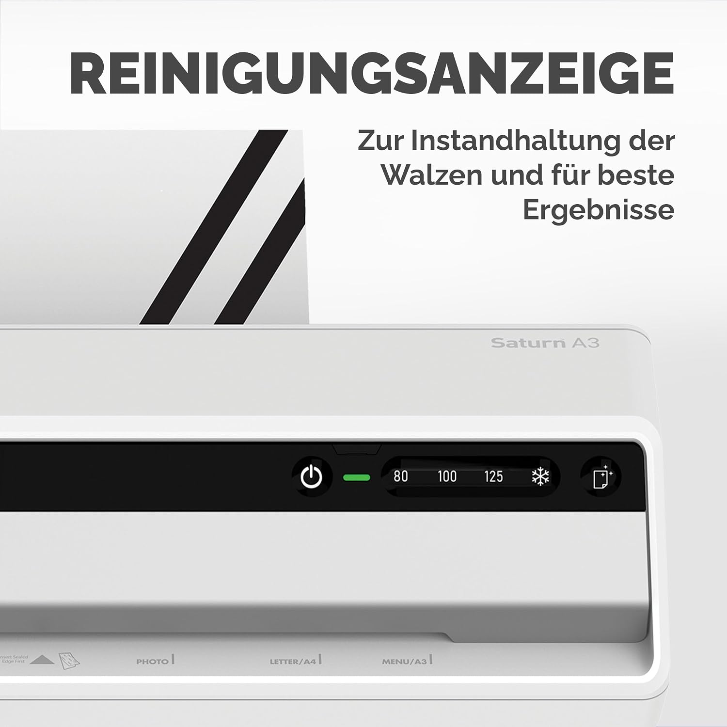 Detalle de Fellowes Saturn A4 Laminiergerät – InstaHeat, 60 Sek. Aufwärmzeit, 80/100/125 Mikron, inkl. Starter-Set