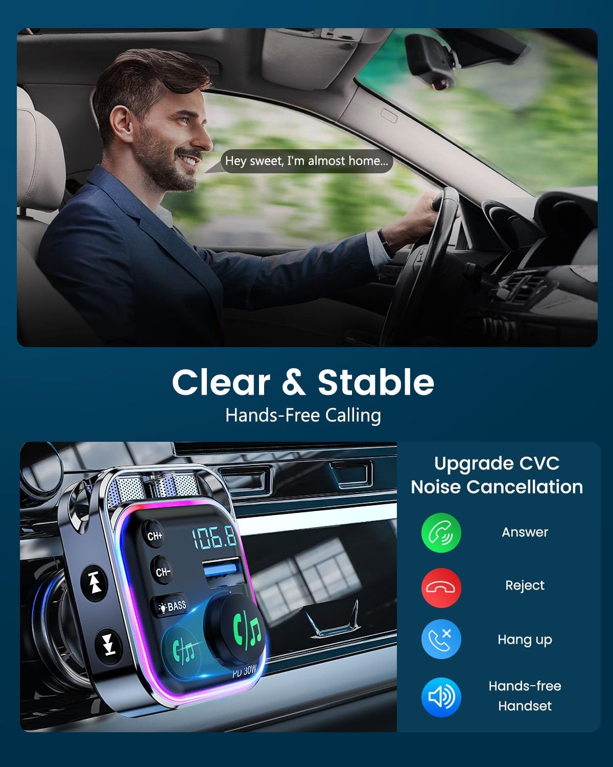 Thumbnail 6 de LENCENT Bluetooth 5.3 FM Transmitter with 30W PD Charging and Bass Mode