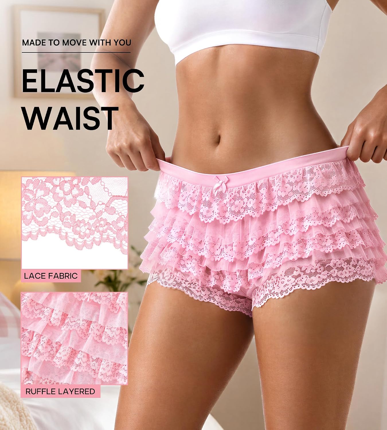 Detalle de SHARICCA CR26059 Women's Mesh Ruffle Boyshorts with Stretch and Bow