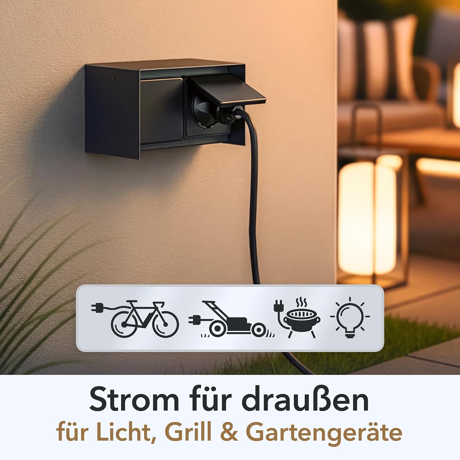 Detalle 2 de ledscom.de Außensteckdose 2-fach STEDDA, IP44, Edelstahl schwarz (waagerecht) – für Garten & Terrasse