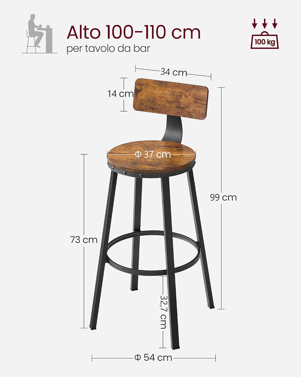 Thumbnail 6 de VASAGLE Set di 2 sgabelli da bar con schienale LBC026B01V1, altezza seduta 73 cm