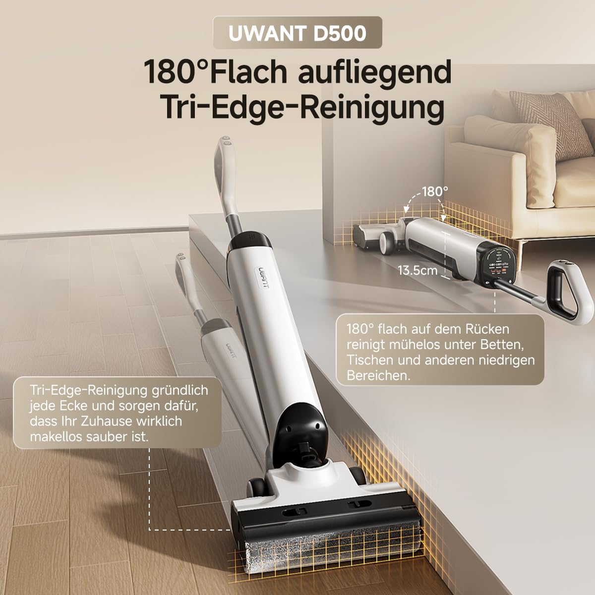 Detalle de UWANT D500 Nass- und Trockensauger – 180° Lay-Flat, Desodorierung, 17.000 Pa Saugkraft, IPX6 Bodenbürste
