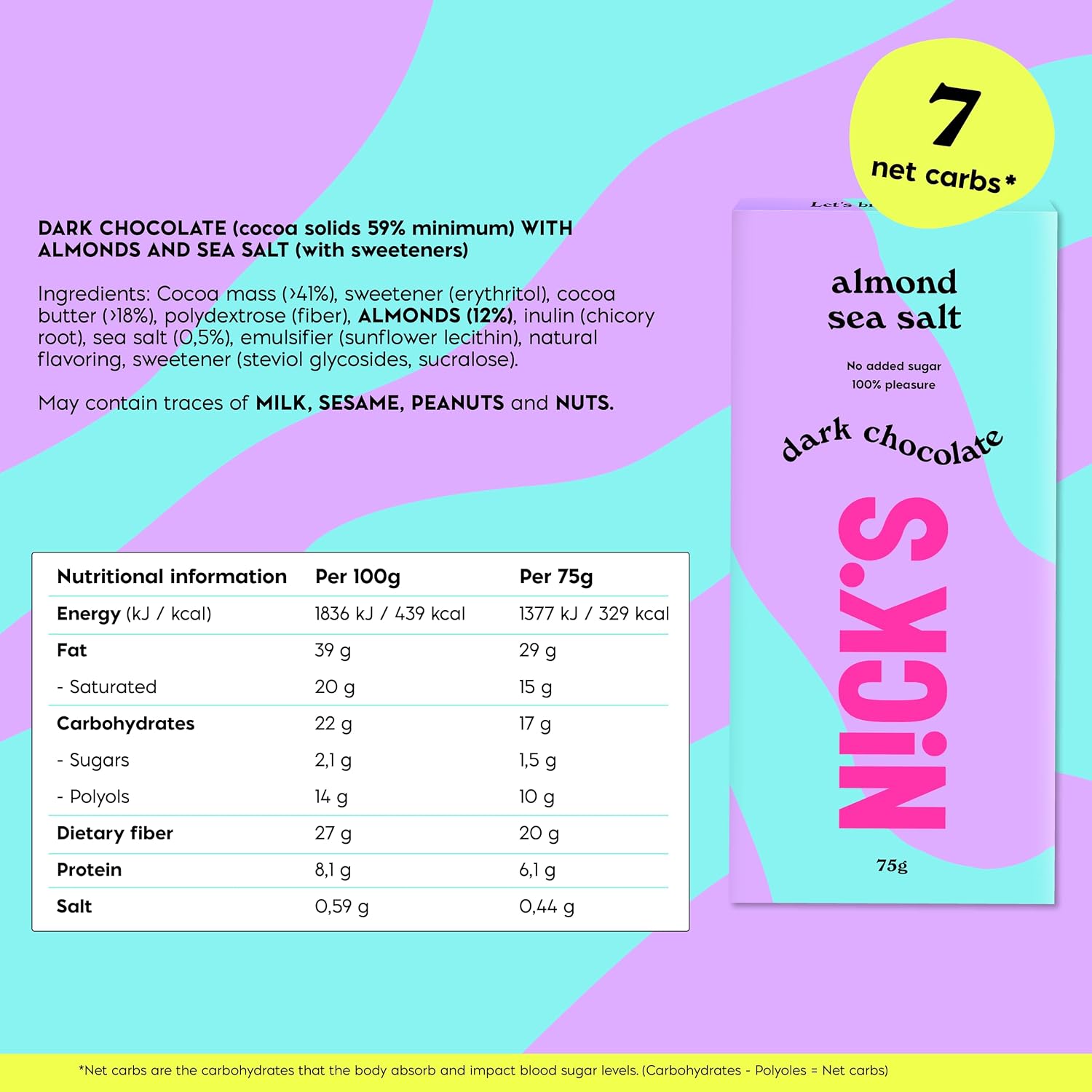 Detalle de N!CK'S Dark Chocolate with Almond & Sea Salt, Vegan Low-Carb Bars, 3 x 75 g