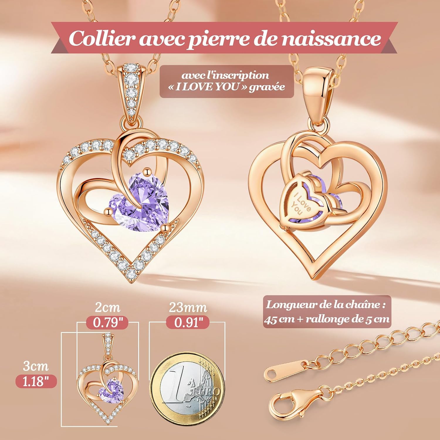Thumbnail 2 de CDE Damen Ewigkeitsherz-Kette mit Doppelherz & Zirkonia, Roségoldfarben (rhondiniert) – Halskette mit Herzanhänger