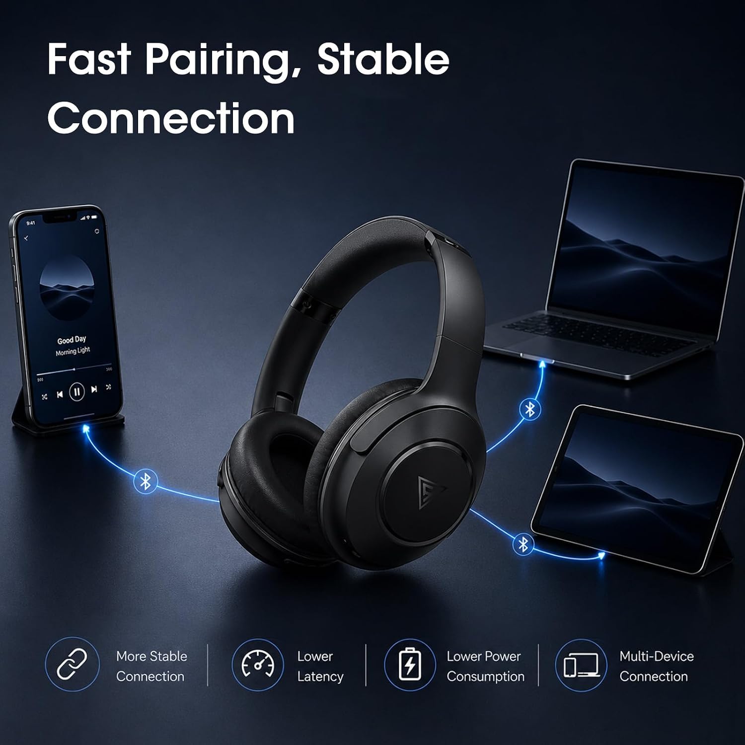 Thumbnail 5 de DOQAUS Life5 Wireless Over-Ear Headphones — 70h Playtime, BT 5.3, 3 EQ Modes, Foldable with Microphone (Black)
