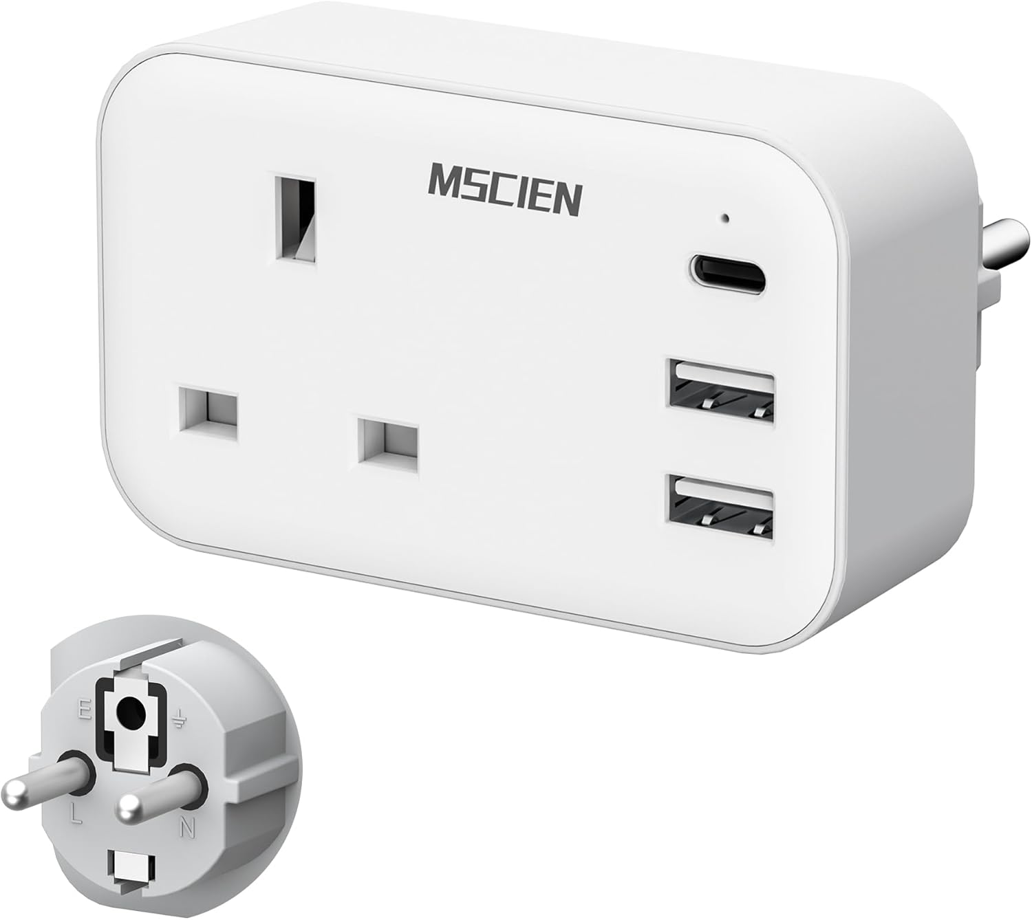 Detalle de Mscien UK to European Plug Adapter with USB C – 4-in-1 Travel Adaptor for UK travellers in Europe