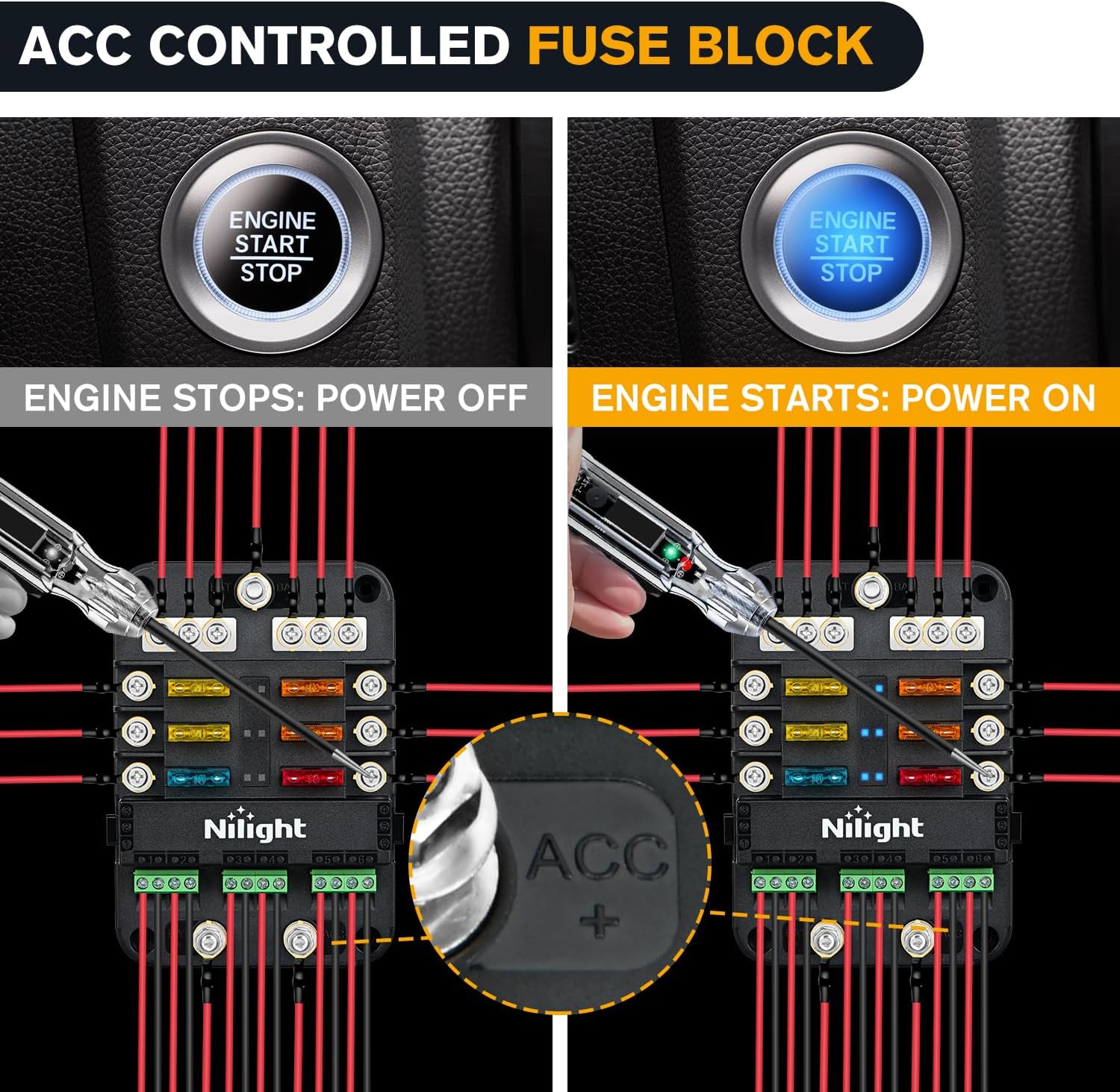 Detalle de Nilight 50224A 6-Way Fuse Relay Block with ACC Control, 12–24V
