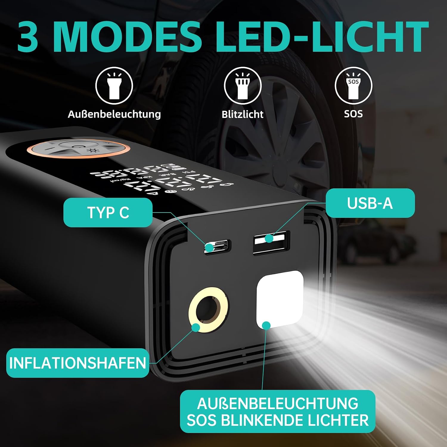 Detalle de Wirelume kabellose elektrische Luftpumpe 150 PSI (6000 mAh) für Fahrrad & Auto – mit LED-Licht und Auto-Stopp