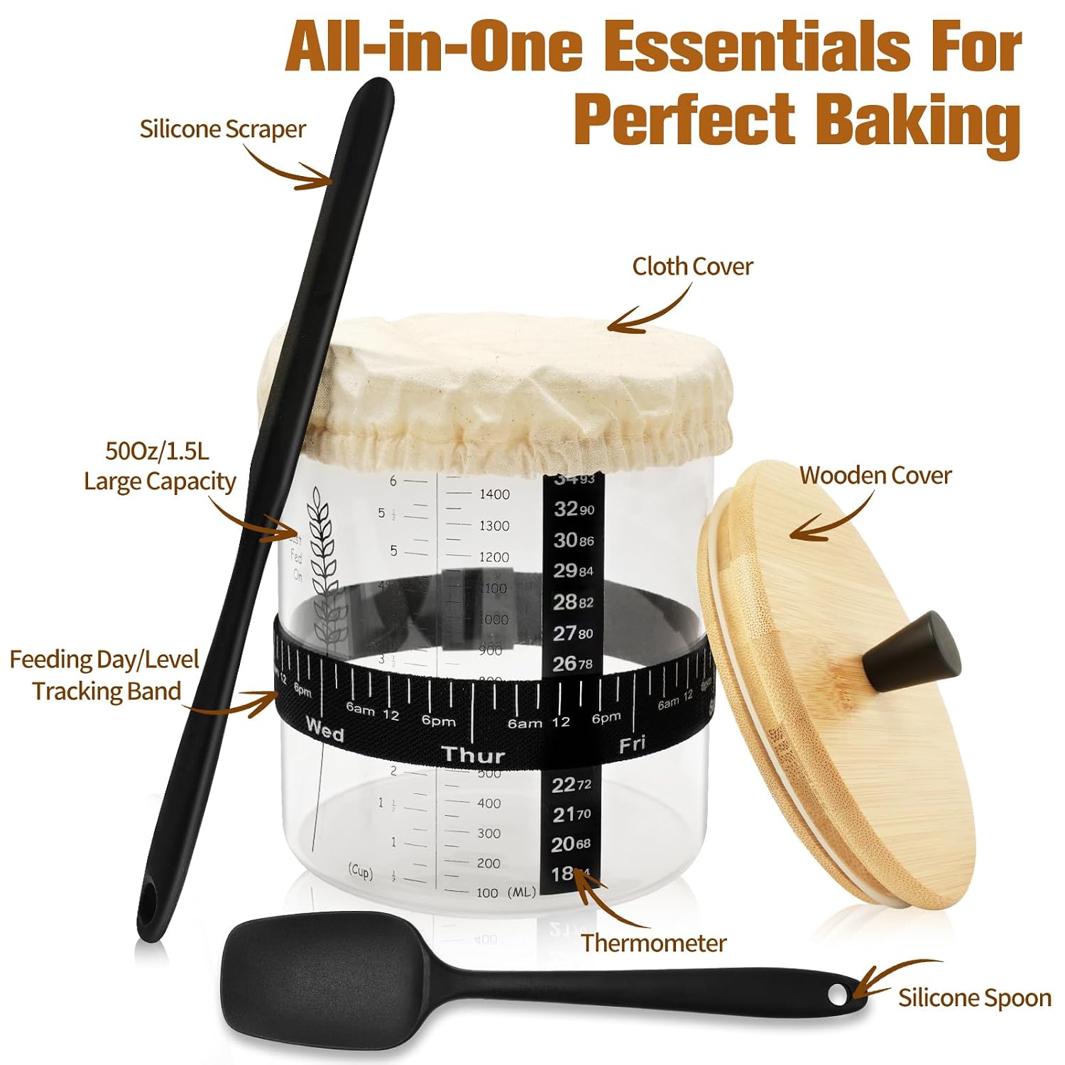 Thumbnail 6 de Rakovar 50oz Sourdough Starter Kit with Wide-Mouth Glass Jar and Feeding Tools
