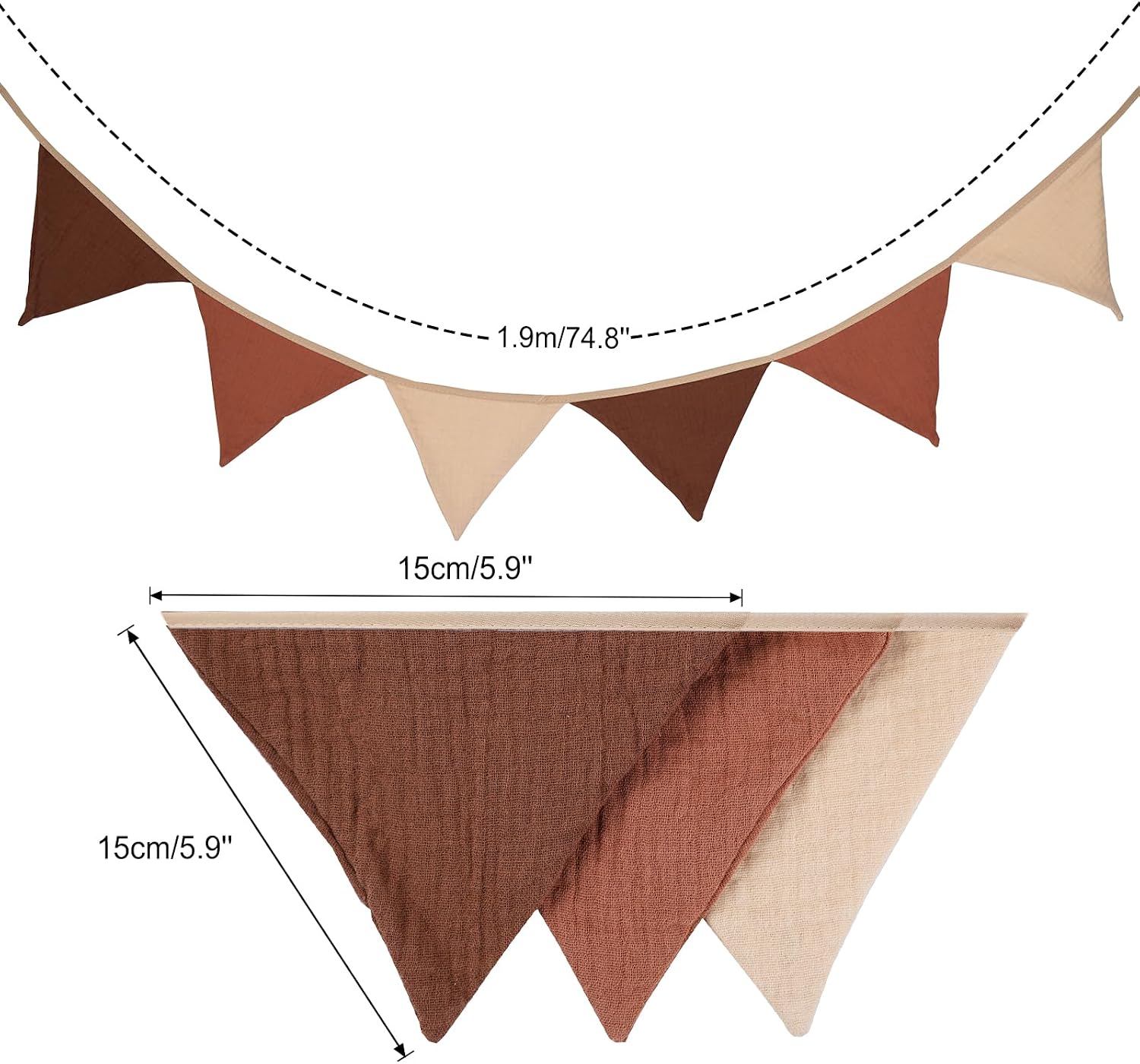 Thumbnail 1 de G2PLUS Muslin Fabric Bunting for Nursery (6-Flag, 1.9m) - Double-Sided Cotton Triangle Banner in Coffee & Beige