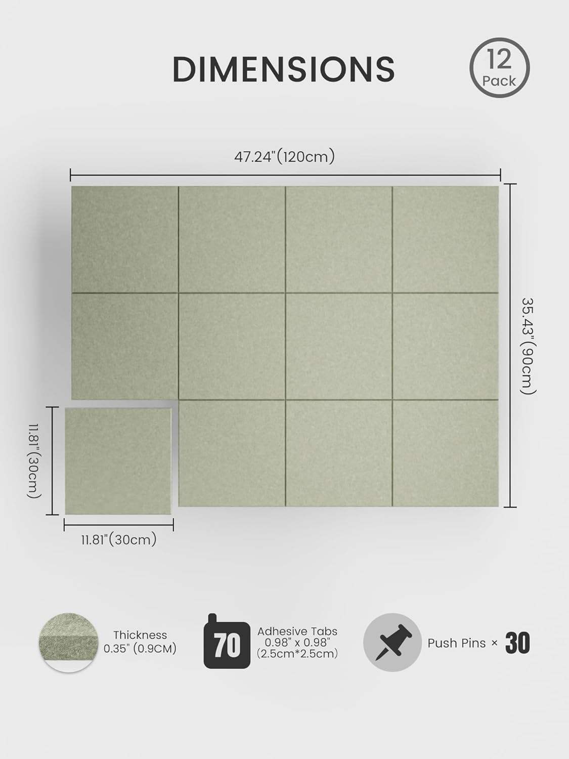 Thumbnail 1 de Bumusty Large Felt Notice Board (48" x 36") with 12 Tiles & 70 Removable Tabs – Sage