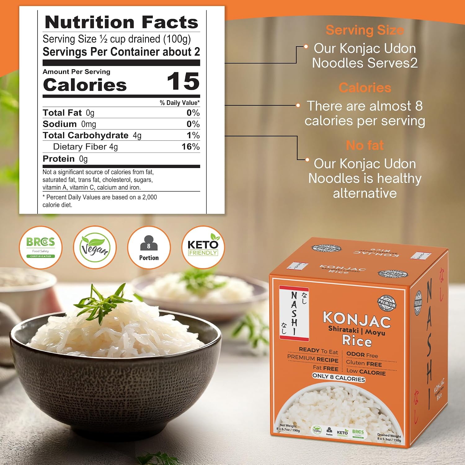 Detalle 2 de Nashi Shirataki Konjac Moyu Rice, Ready-to-Eat Vegan 8-Pack