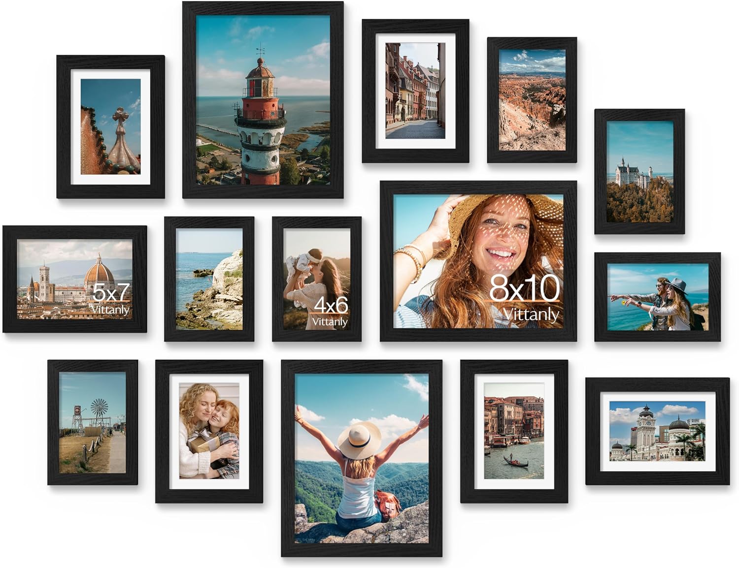 Detalle de Vittanly 15-Pack Picture Frames Collage Wall Decor (Black) — Multi-Size Gallery Set