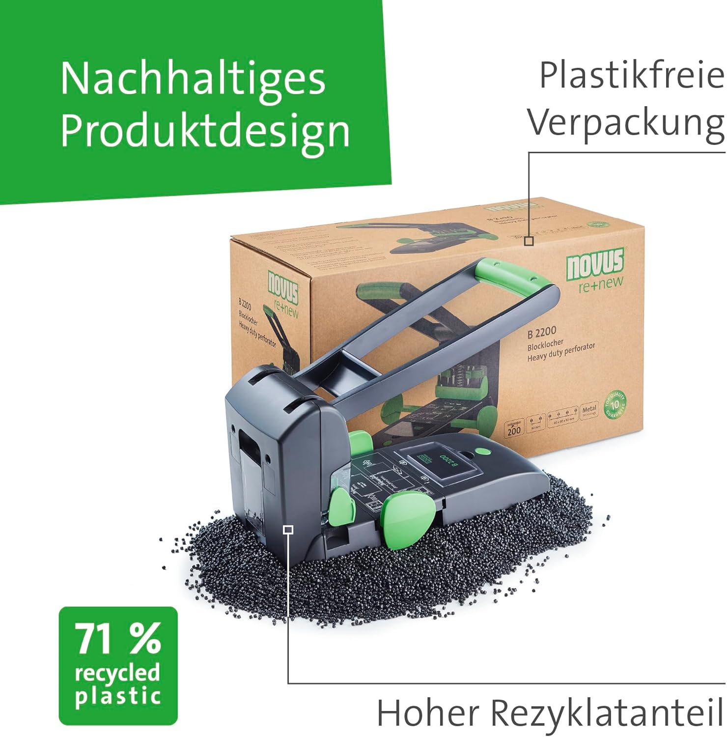 Detalle 2 de Novus B 2200 re+new nachhaltiger Blocklocher – 2- oder 4-fach Lochung, 200 Blatt