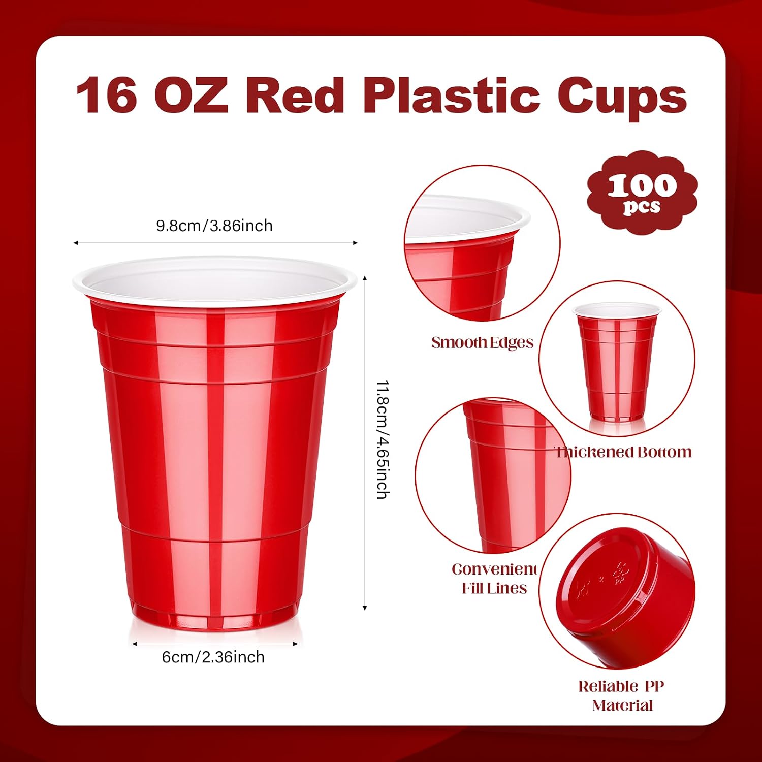 Detalle 2 de DI QIU REN DQR-CA-28 16 oz Red Plastic Party Cups, Stackable, 100 Count