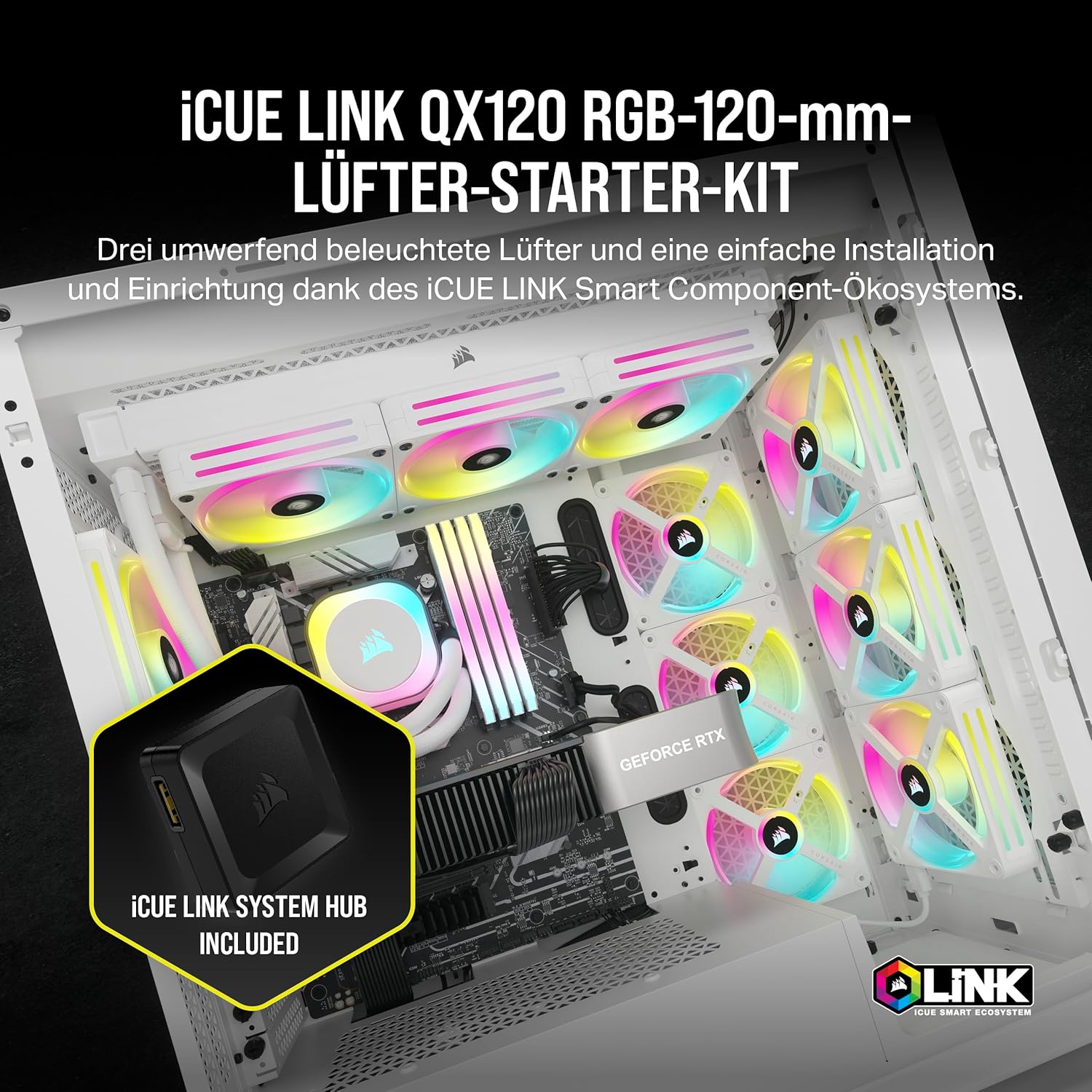 Thumbnail 1 de Corsair iCUE LINK QX120 RGB 120-mm Magnetic Dome RGB Lüfter Starter-Kit (Dreier-Set) inkl. iCUE LINK Hub – Weiß