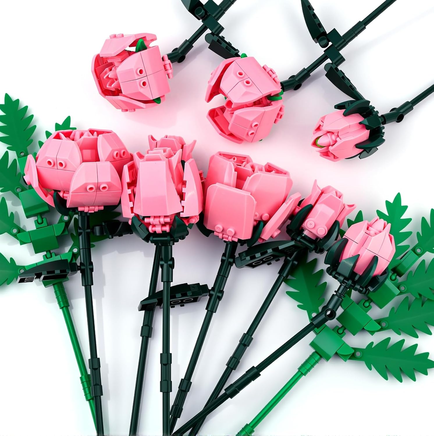 Detalle de SIENON Pink Rose Flower Building Set – 10 Roses + 2 Leaves (Botanical Collection)