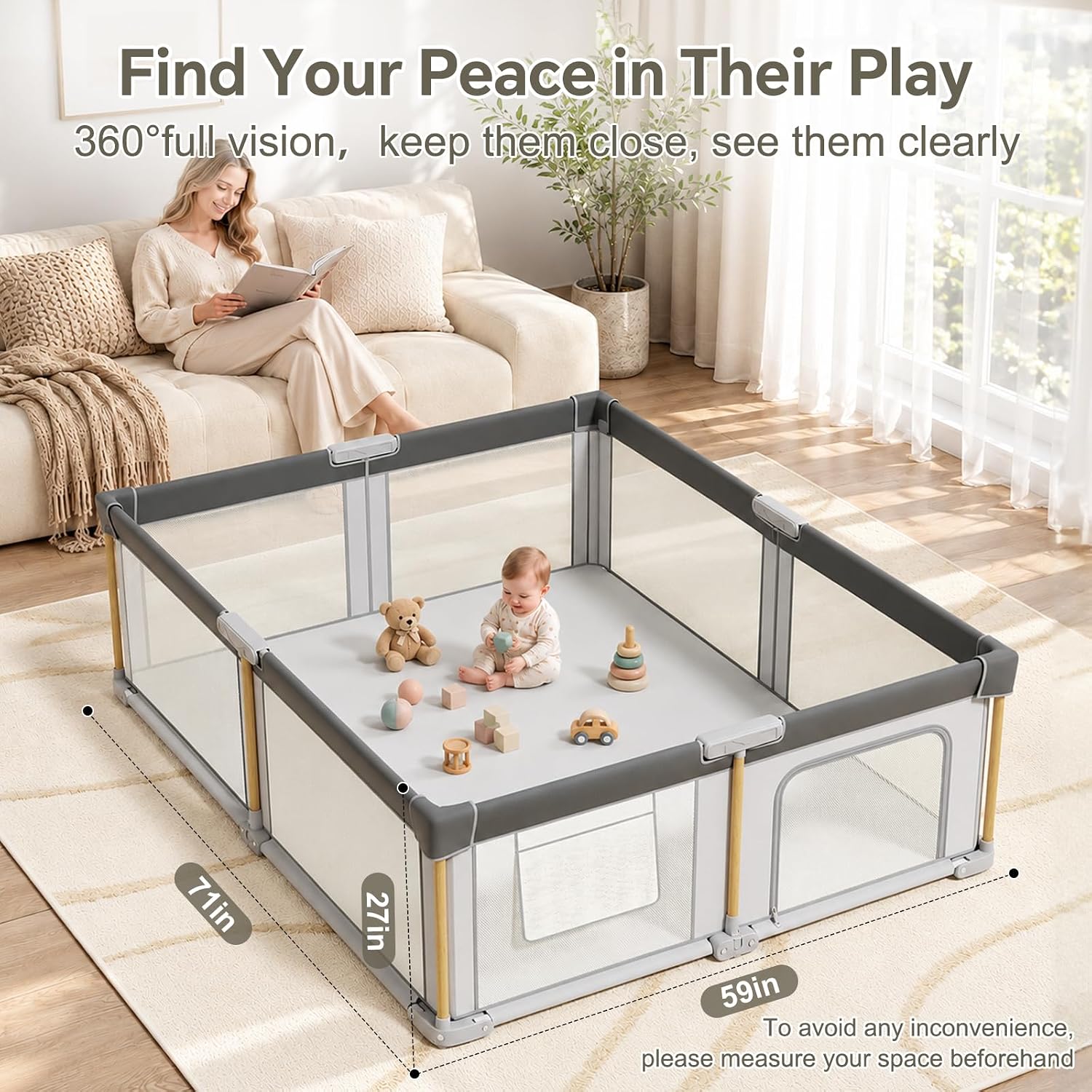 Detalle 2 de JevrJeur 59 x 71 in Foldable Baby Playpen with Mesh Sides and Storage Bag