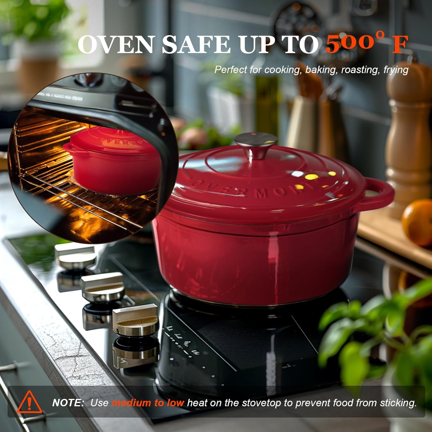 Detalle de Overmont Casseruola in Ghisa Smaltata Ø28 cm con Coperchio – Antiaderente, Forno Olandese, Induzione, Rosso