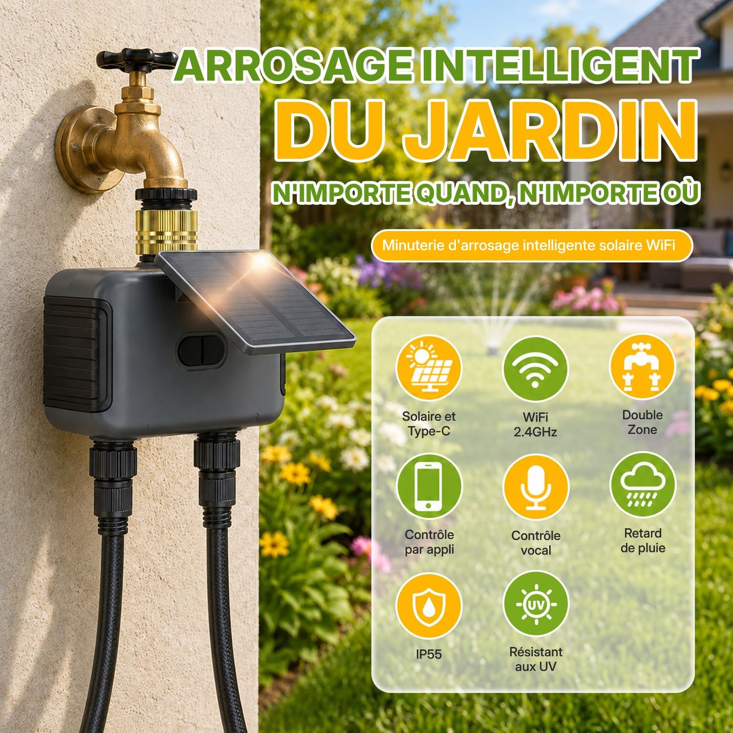 Detalle 2 de Mcbazel Programmateur d’Arrosage Automatique WiFi à 2 Sorties avec Panneau Solaire – IP55