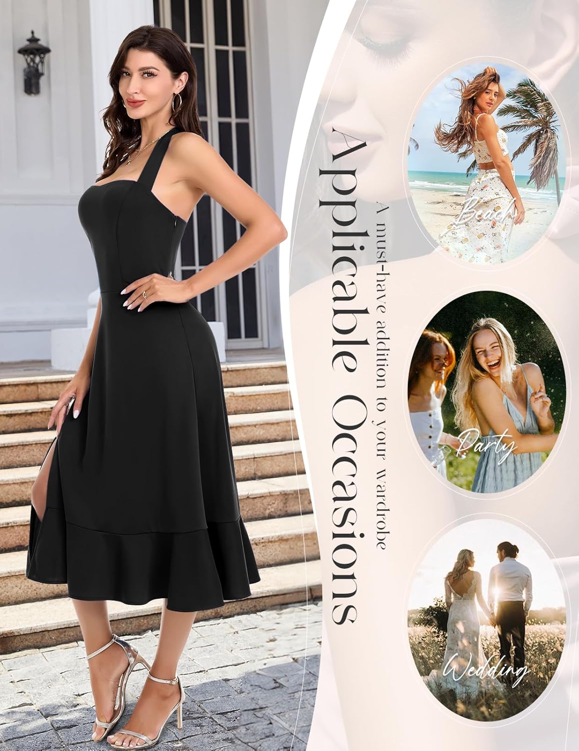 Thumbnail 3 de DRESSTELLS Women's Halter Cocktail Dress – Halter Neck Lace, Ruffle Layers & Split Hem