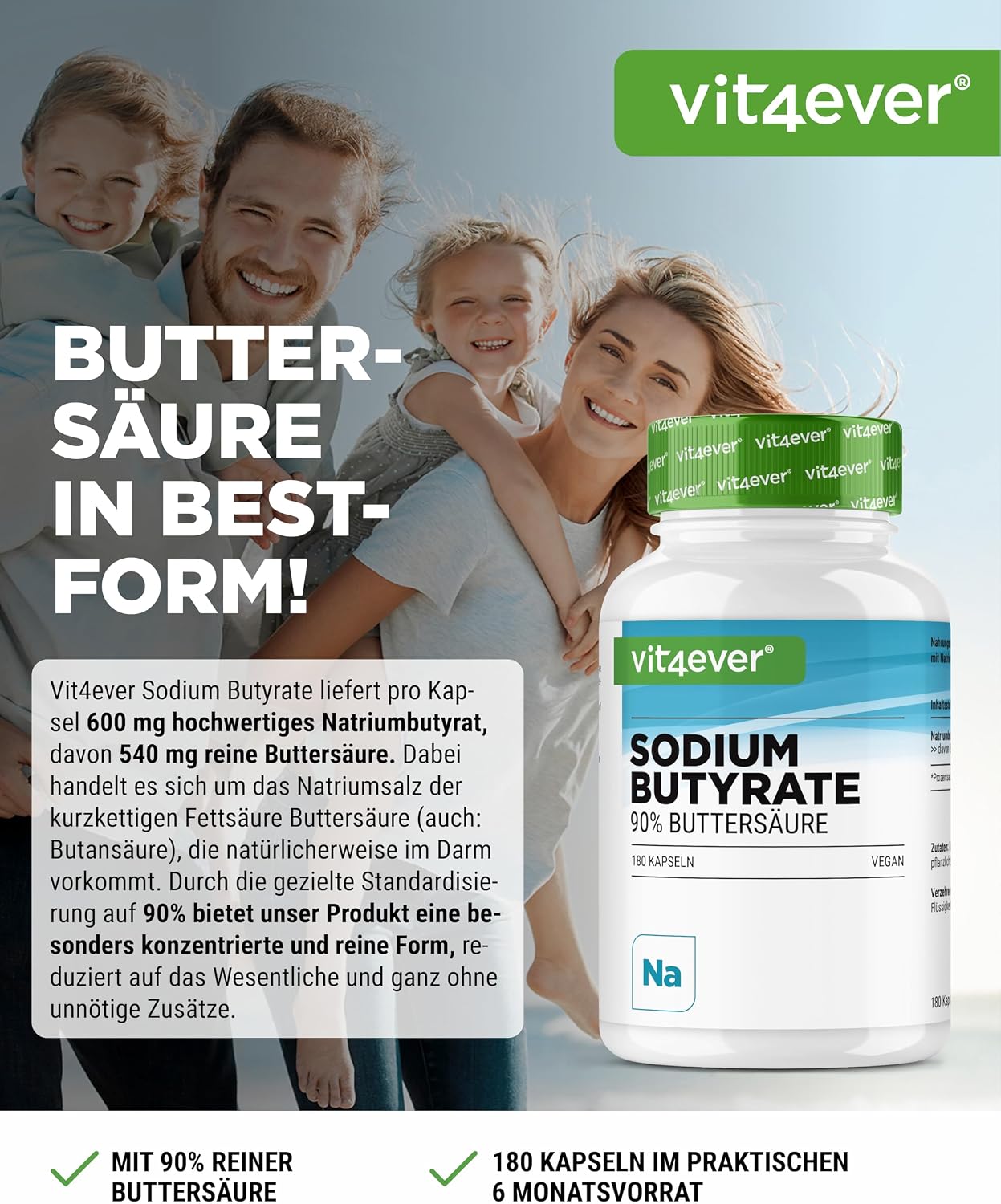 Thumbnail 1 de vit4ever Sodium Butyrate Kapseln mit 600 mg (180 Stück) – hochdosiertes, veganes Natriumbutyrat