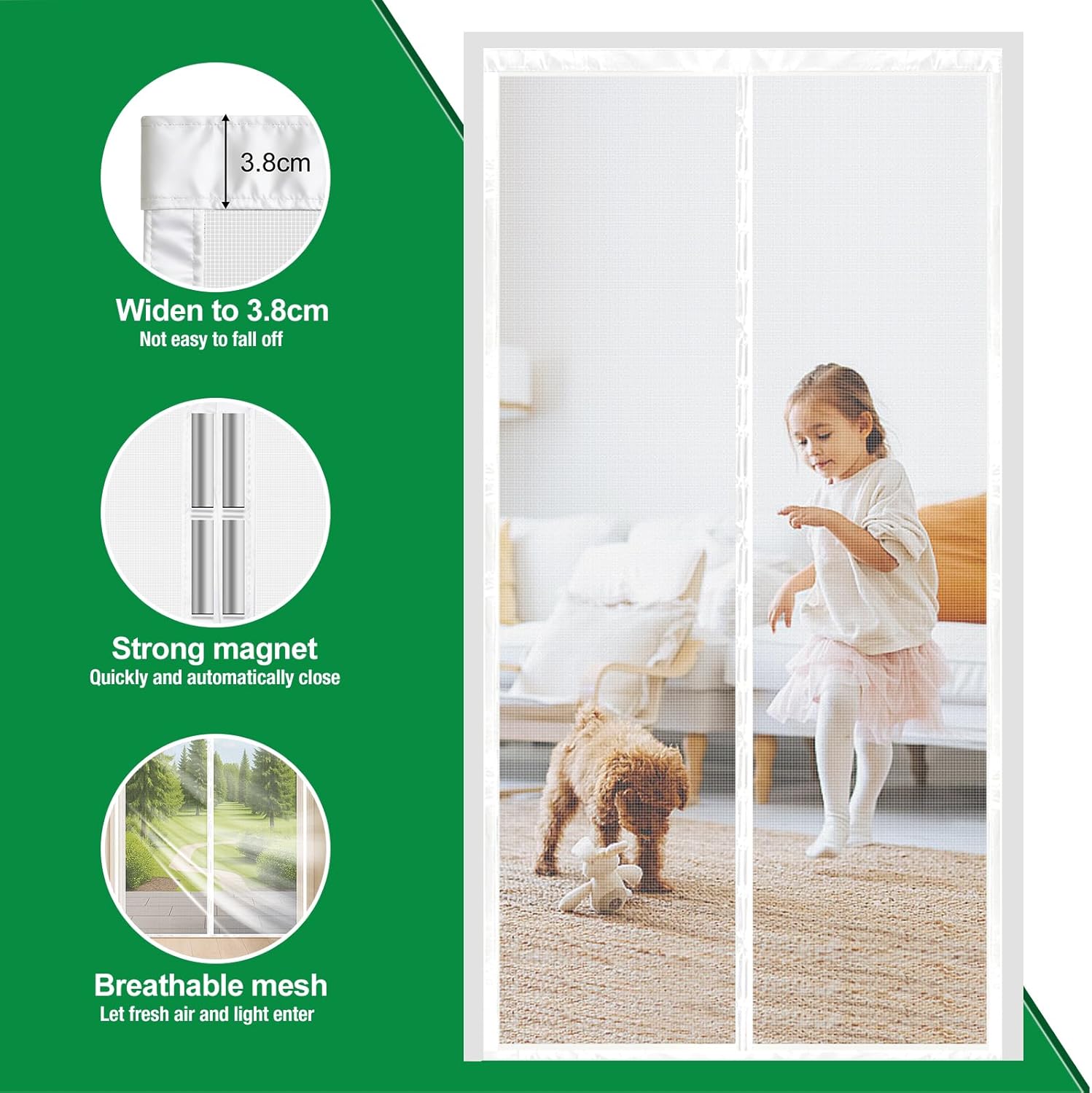 Detalle 2 de 4UMOR Moustiquaire porte-fenêtre 120x240 cm – Rideau magnétique anti-mouches, fermeture automatique, bande adhésive incluse, blanc
