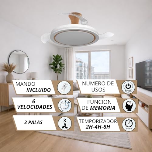 Detalle 2 de NARVI CRETA 8938 WDN: Ventilador de Techo Blanco y Madera Haya Ø107 cm con Luz LED Regulable y Control por Mando