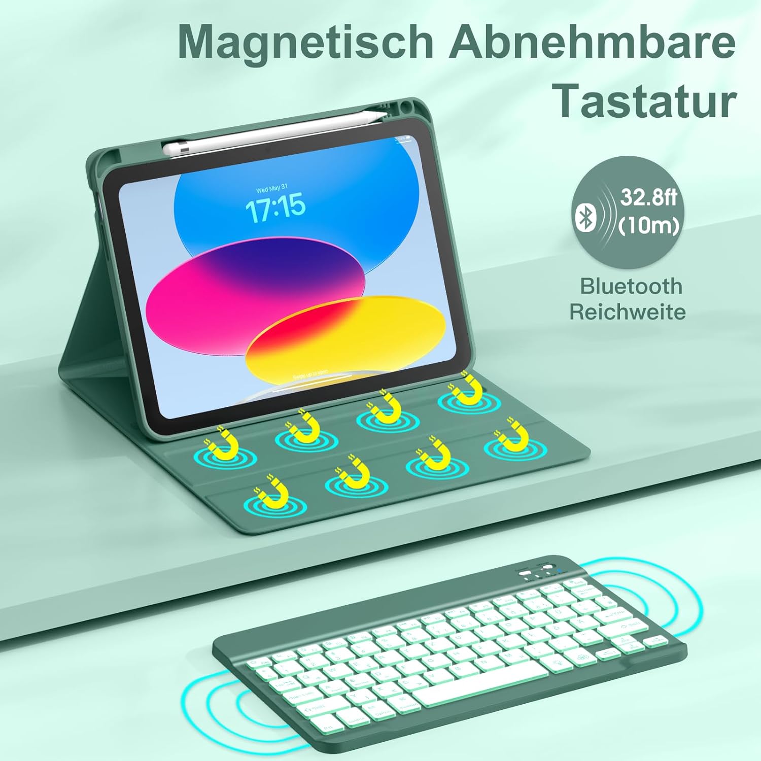 Thumbnail 3 de Vobafe Hülle mit Tastatur für iPad A16 11 Zoll – 7-farbige Beleuchtung, magnetisch abnehmbar, Stifthalter