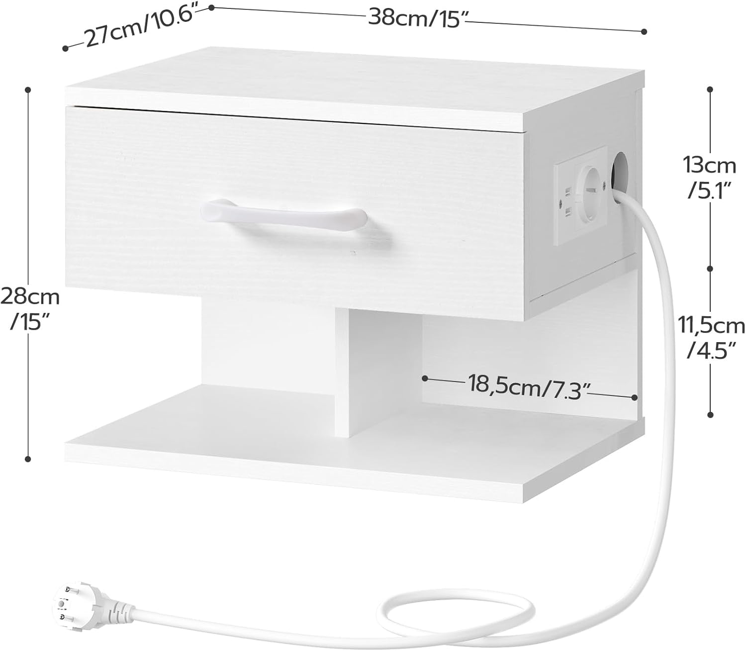 Detalle de HOOBRO Set di 2 Comodino Sospeso con Stazione di Ricarica e Cassetto - Bianco EWT127CBZP201