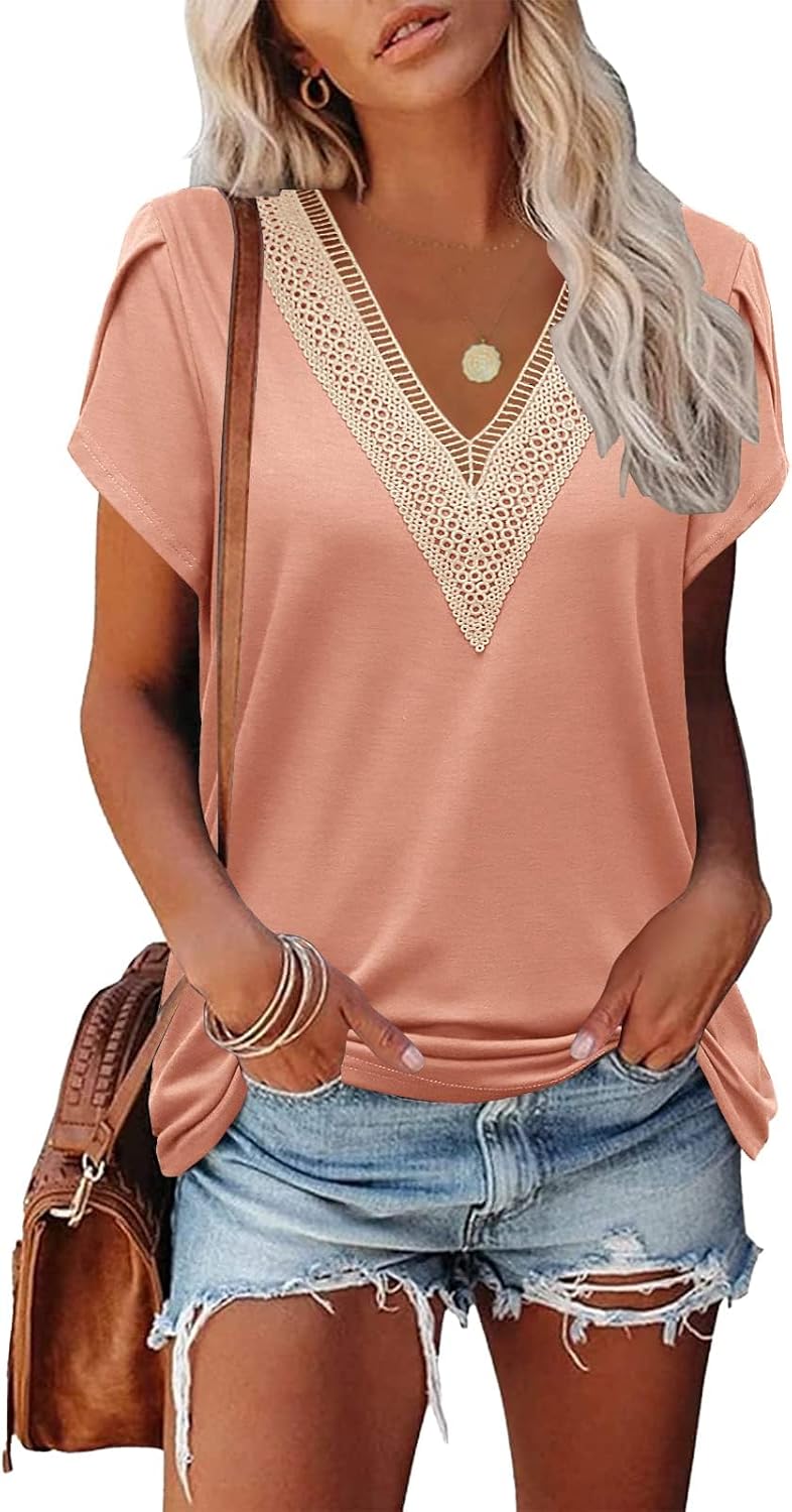 Thumbnail 6 de Famulily Women's Lace Trim V Neck T-Shirts: Short Petal Sleeve Top for Summer