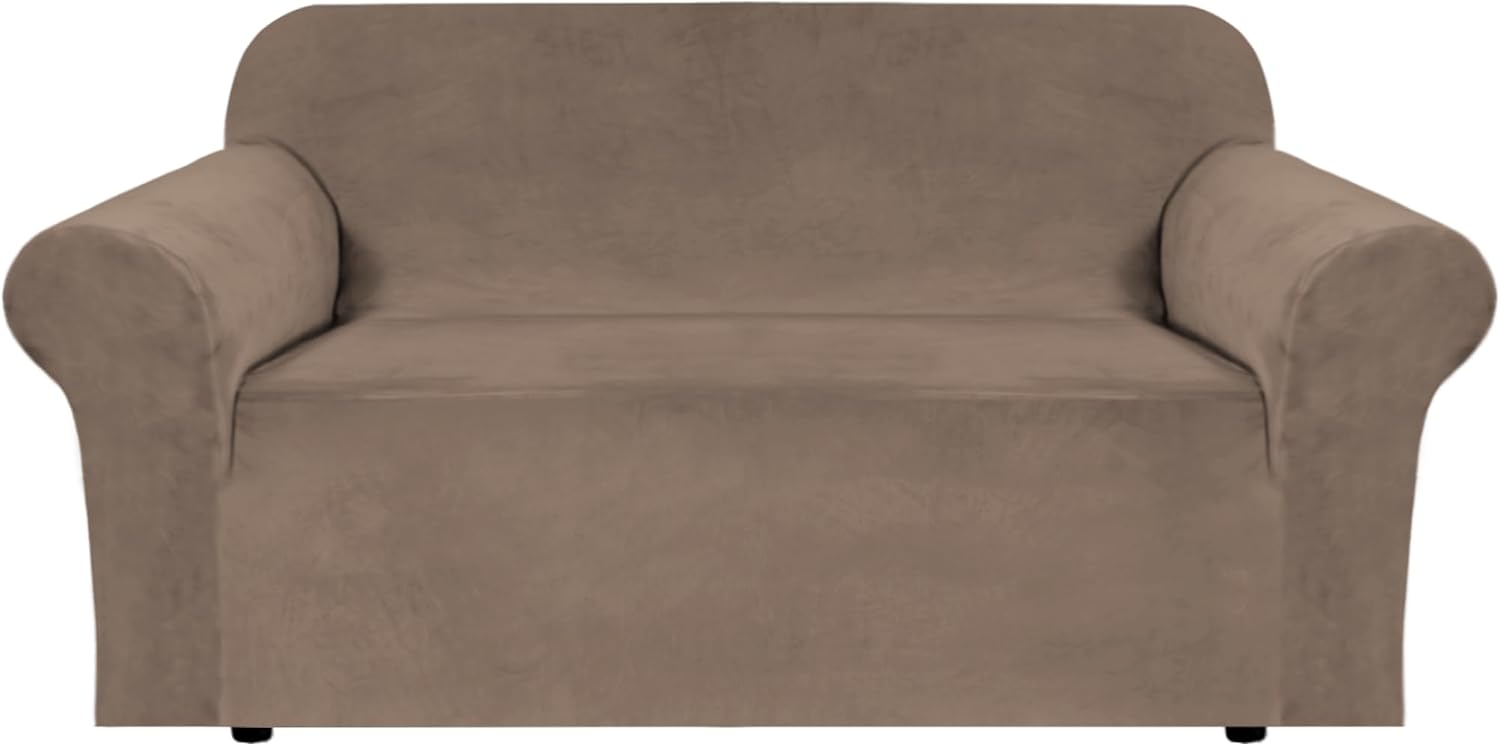 Detalle de H.VERSAILTEX Velvet Stretch Loveseat Cover, Coco Mocha, Washable, 58–72 inch