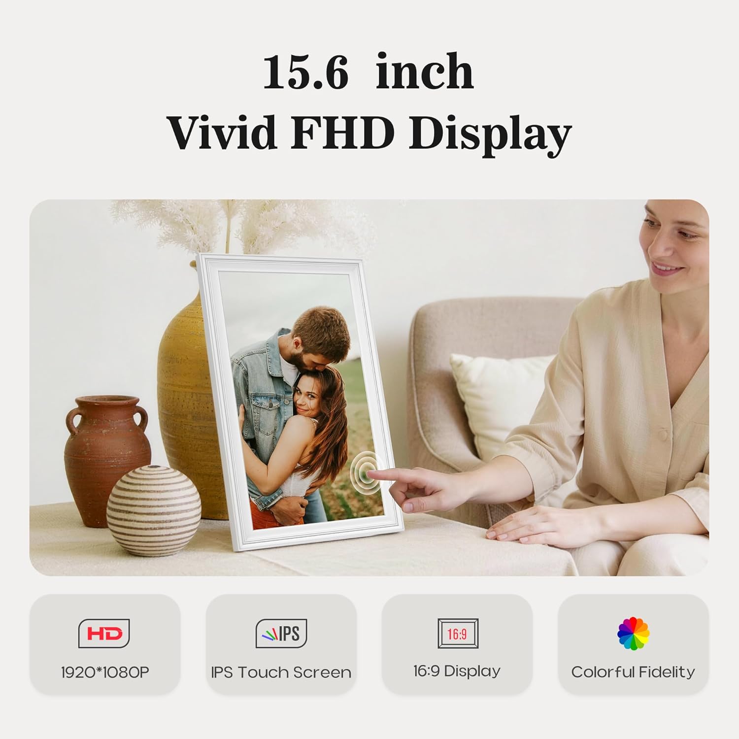 Detalle de 64GB 15.6" Frameo WiFi Digital Photo Frame with 1920x1080 IPS Touch – Wall Mountable, Auto Rotate and Video Sharing