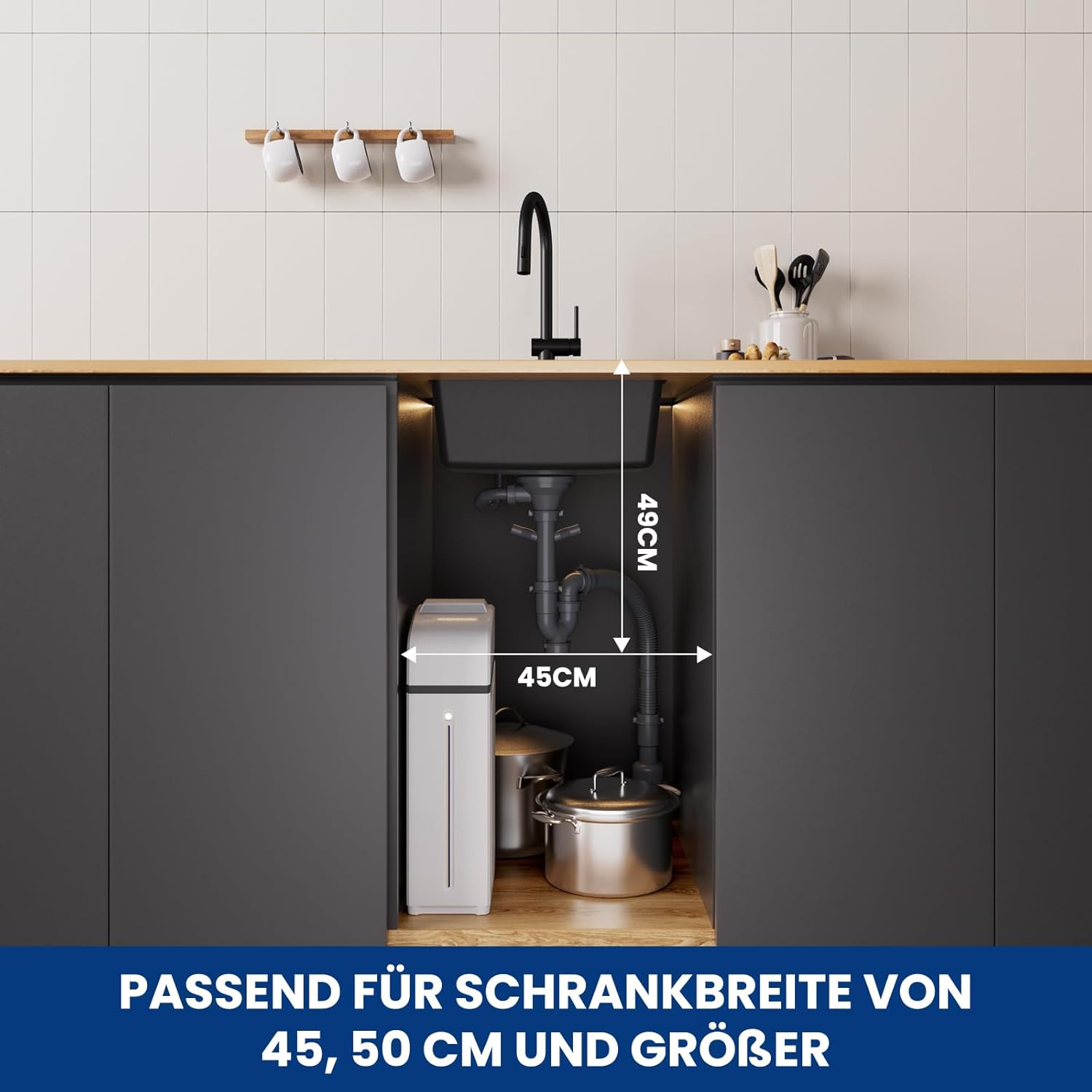 Detalle de CECIPA Küchenspüle Granit 45x45 cm – schwarz, eckig, 2 Hahnlöcher, inkl. Ablaufset