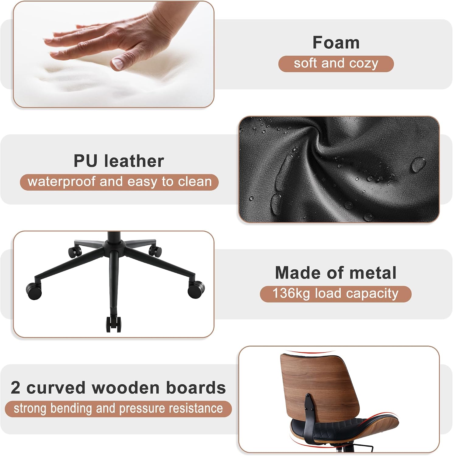 Thumbnail 4 de BERYTH Bürostuhl ohne Armlehne mit Leder-Optik, Holz-Panel und Wippfunktion (bis 136 kg), 360° drehbar – Schwarz
