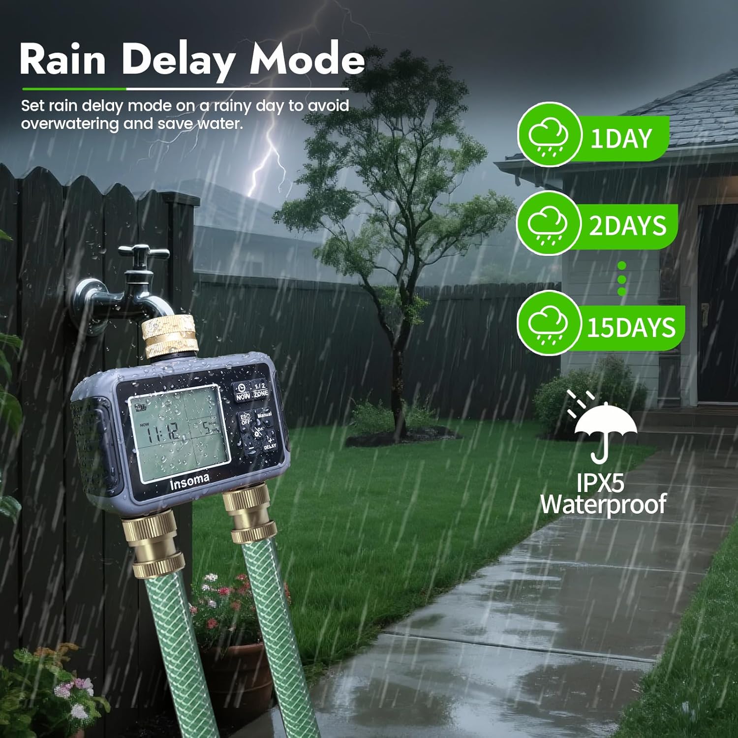 Thumbnail 3 de Insoma Water Timer with Brass Inlet & Outlet – 2 Independent Zones for Outdoor Hose