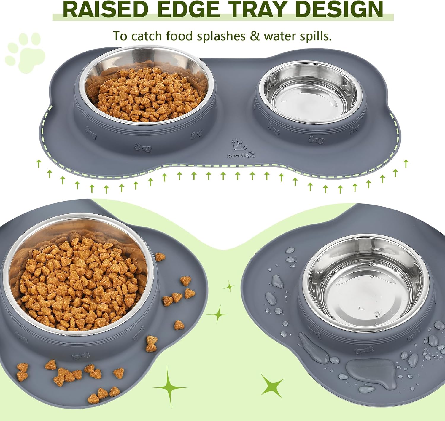 Thumbnail 2 de pecute Dog Bowls Non-Slip: Stainless Steel Double Bowls with Silicone Mat Tray