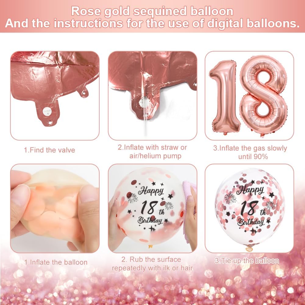 Thumbnail 2 de 18th Birthday Decorations Retro Pink Rose Gold Set – Blush Pink banner, pennant flags, cake topper, foil number balloon & balloons
