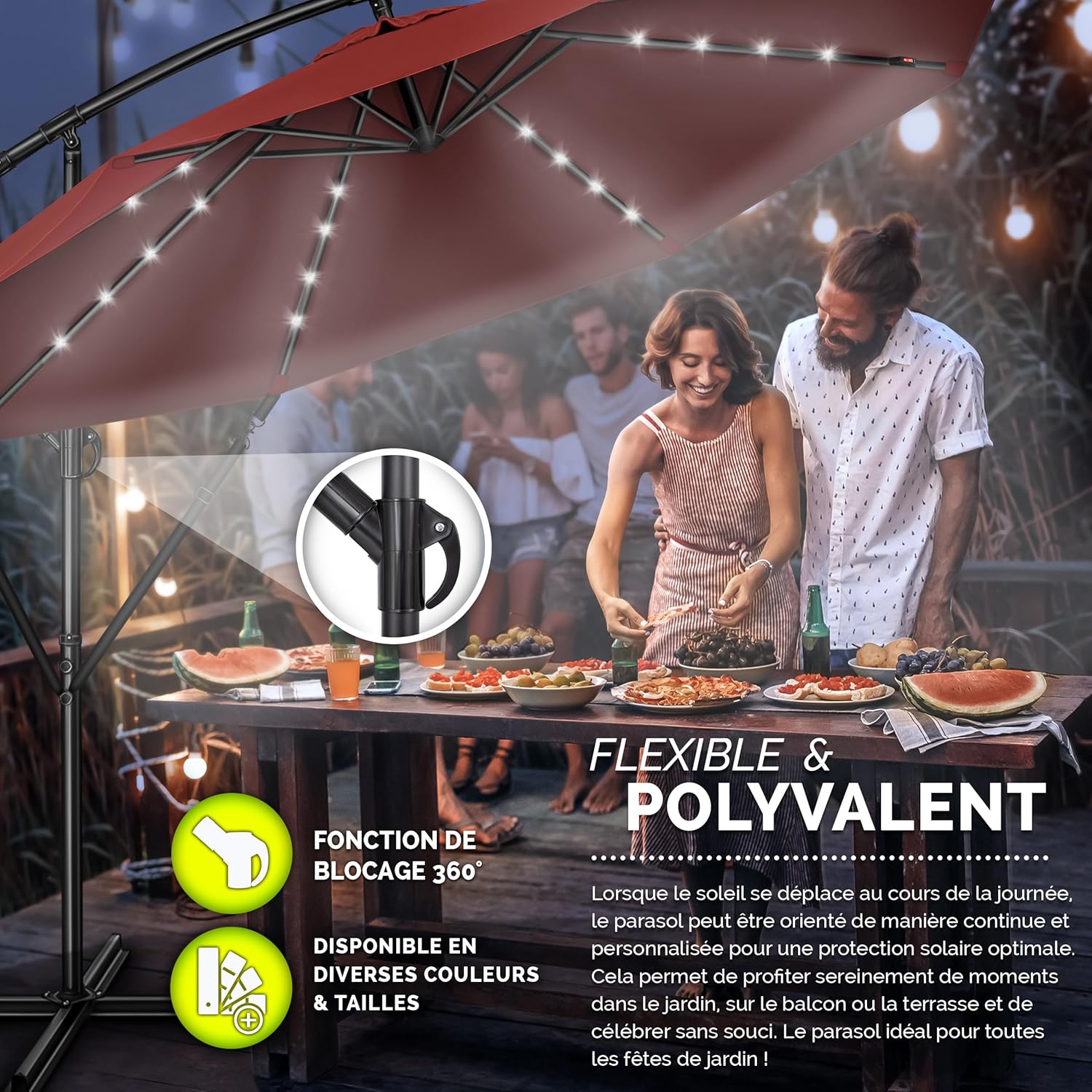 Thumbnail 5 de Tillvex Parasol déporté LED solaire hexagonal 3 m avec manivelle – ombre et lumière à utiliser dehors
