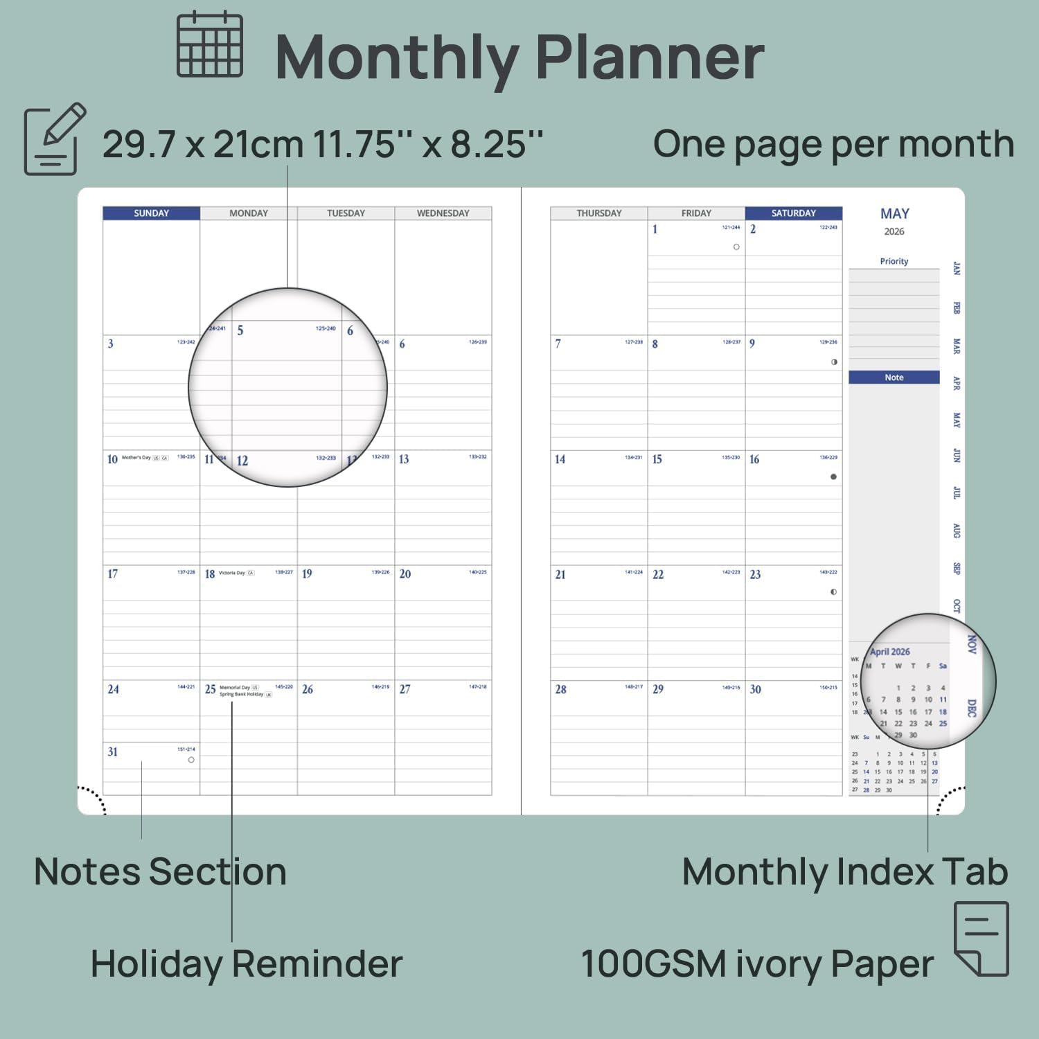 Detalle 2 de POPRUN 2026-2027 Monthly Planner, 16-Month 8.25 x 11.75 in Book, Brown Faux Leather
