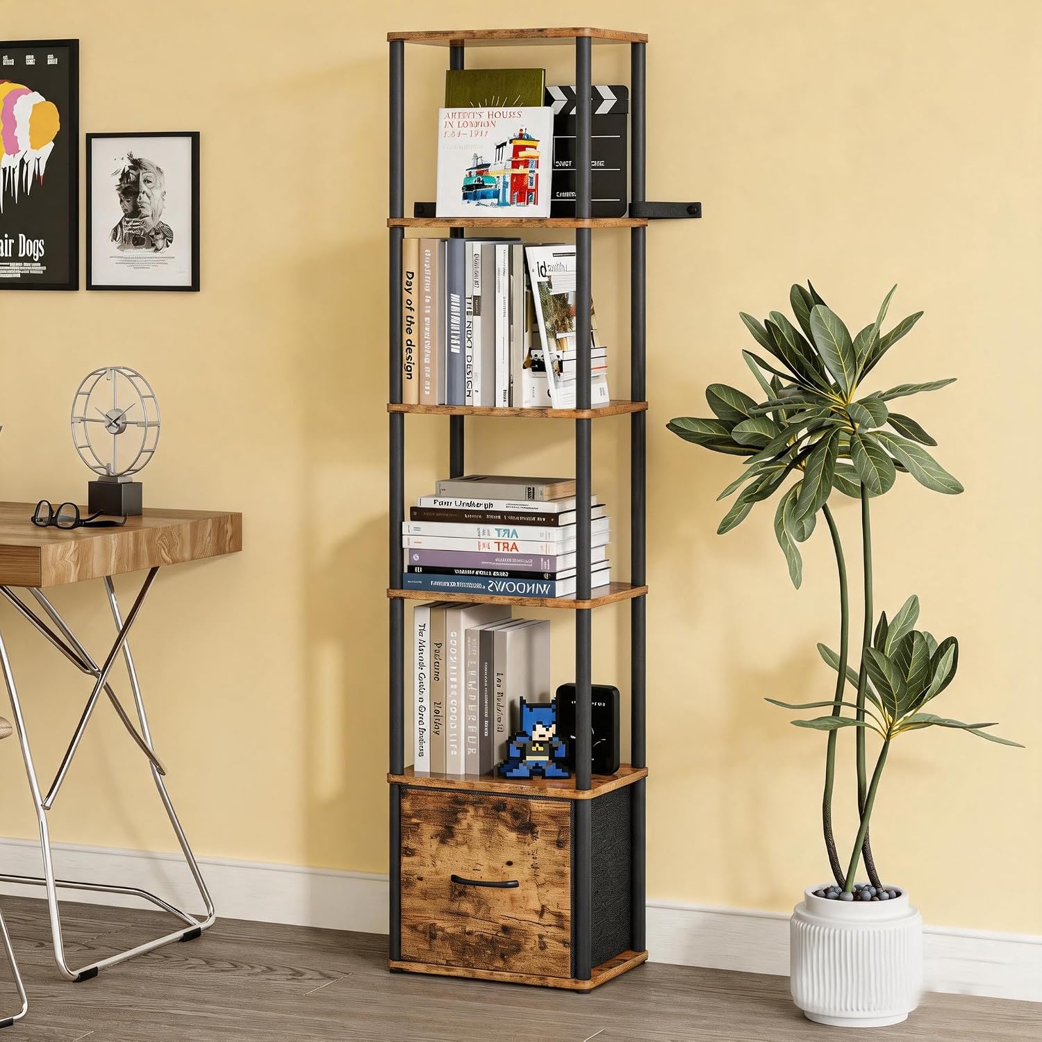 Detalle 2 de YAUKTAK Libreria Angolare a 6 Ripiani con Cassetto – Marrone Rustico (HBC505R)