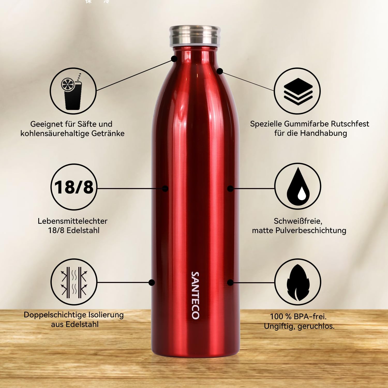 Thumbnail 3 de SANTECO Edelstahl-Trinkflasche 1 l – 12 h heiß / 24 h kalt, absolut dicht