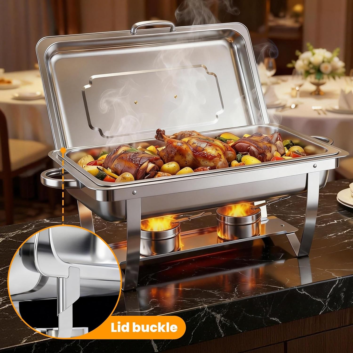 Thumbnail 5 de 4 Pack 9QT Chafing Dishes Buffet Set with Lids, Tongs, and Dual Fuel Burners
