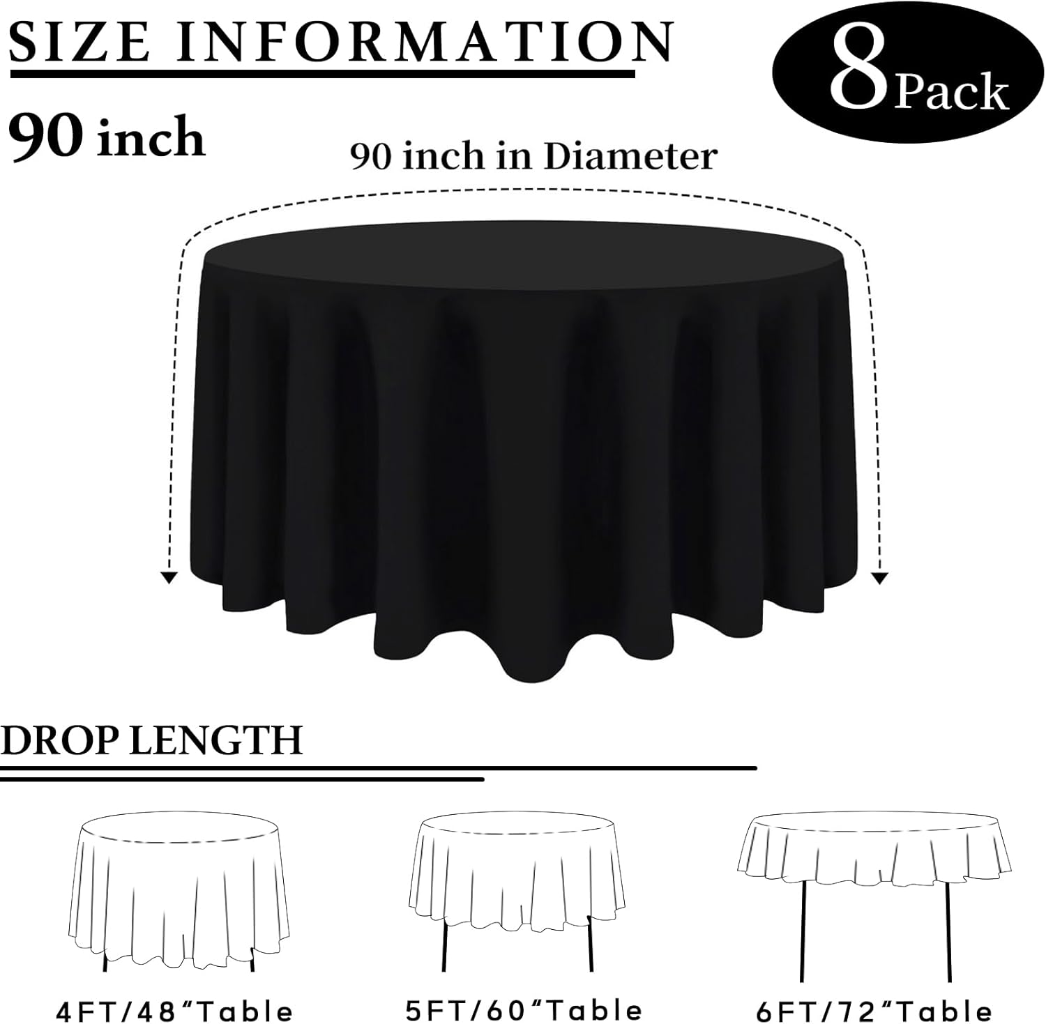 Thumbnail 1 de CKIKU 8-Pack 90-Inch Black Round Tablecloths (Washable Polyester, Wrinkle Resistant)