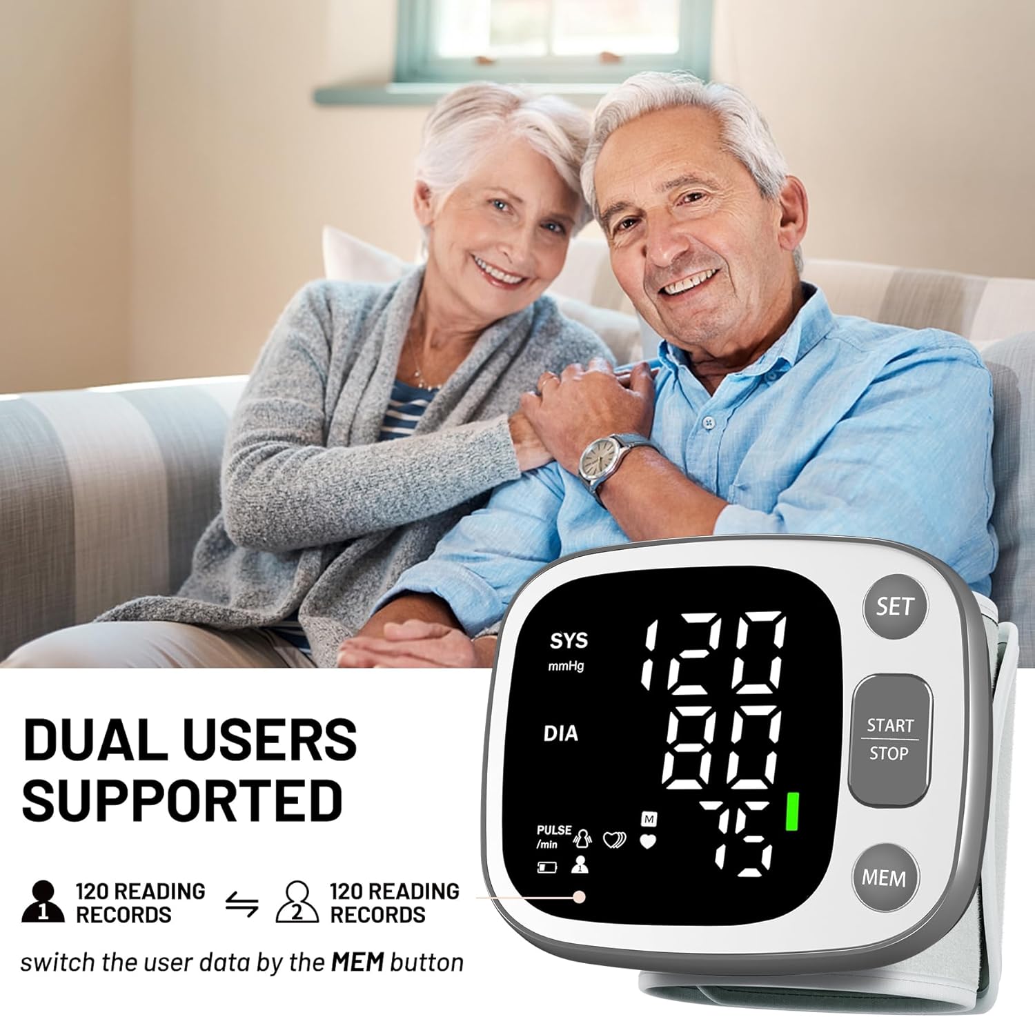 Detalle de Oklar Home Use Wrist Blood Pressure Monitor with Voice Broadcast, 240 Memory (2 Users), USB-C Rechargeable, LED Backlit Display