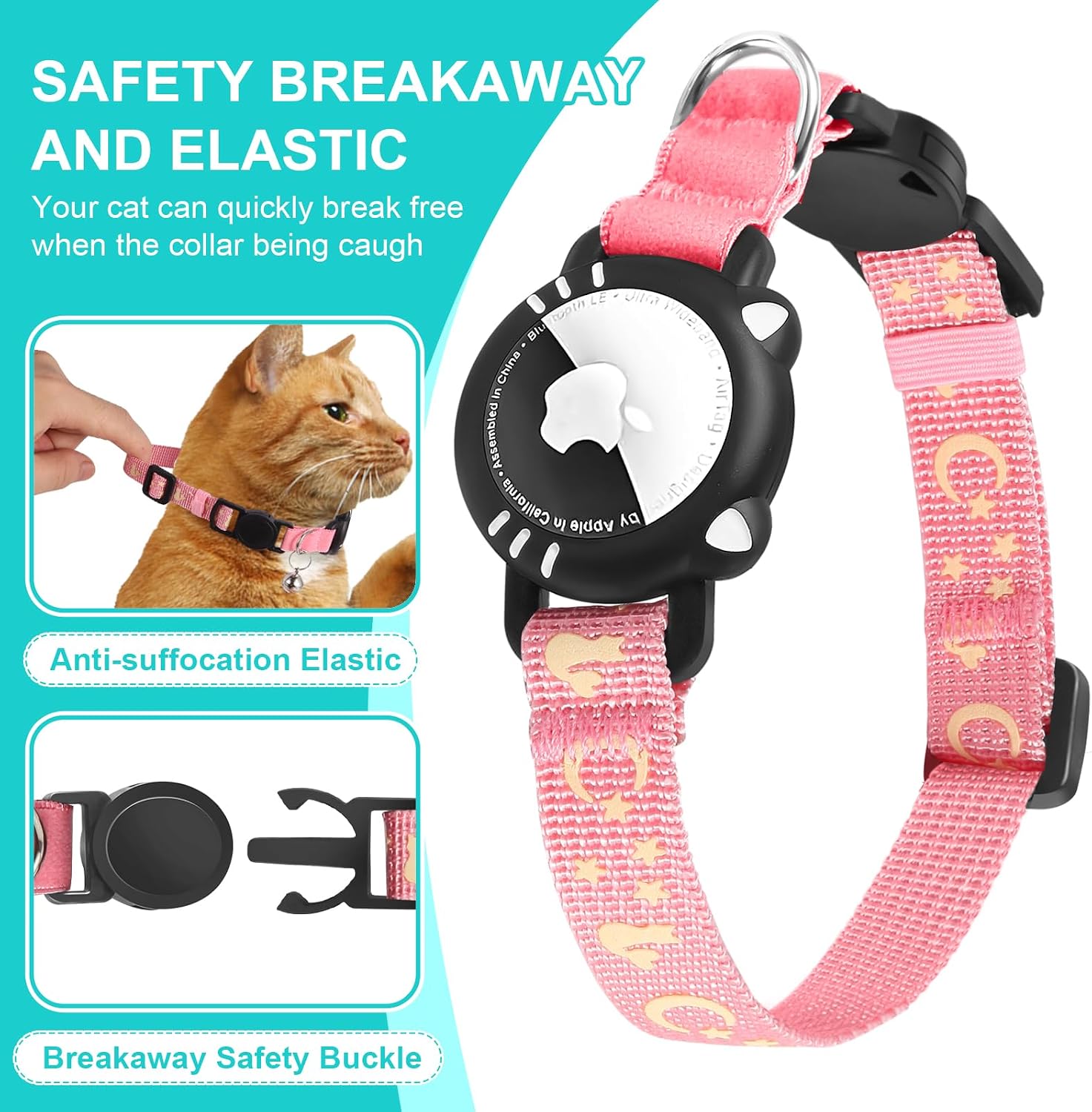 Detalle de Ytanest Reflective AirTag Cat Collar (Breakaway) with AirTag Holder, Pink, XS (7–9 inch)